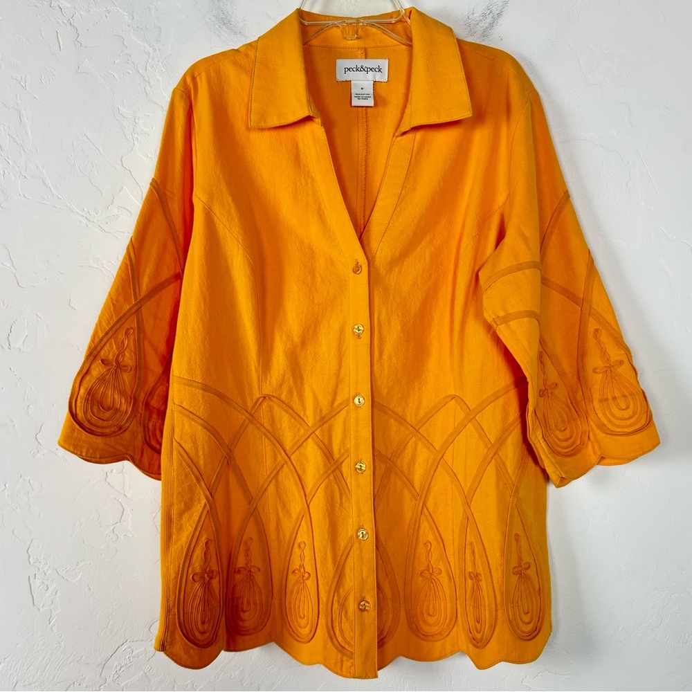 Peck & Peck Tunic Top Shirt Blouse Gold Yellow Bold Solid Button Down Embroidery